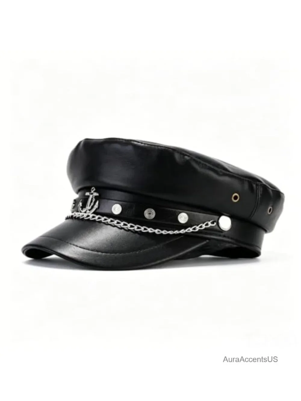 PU Leather Newsboy Hat Baker Boy Biker Cap with Chain Anchor Detail